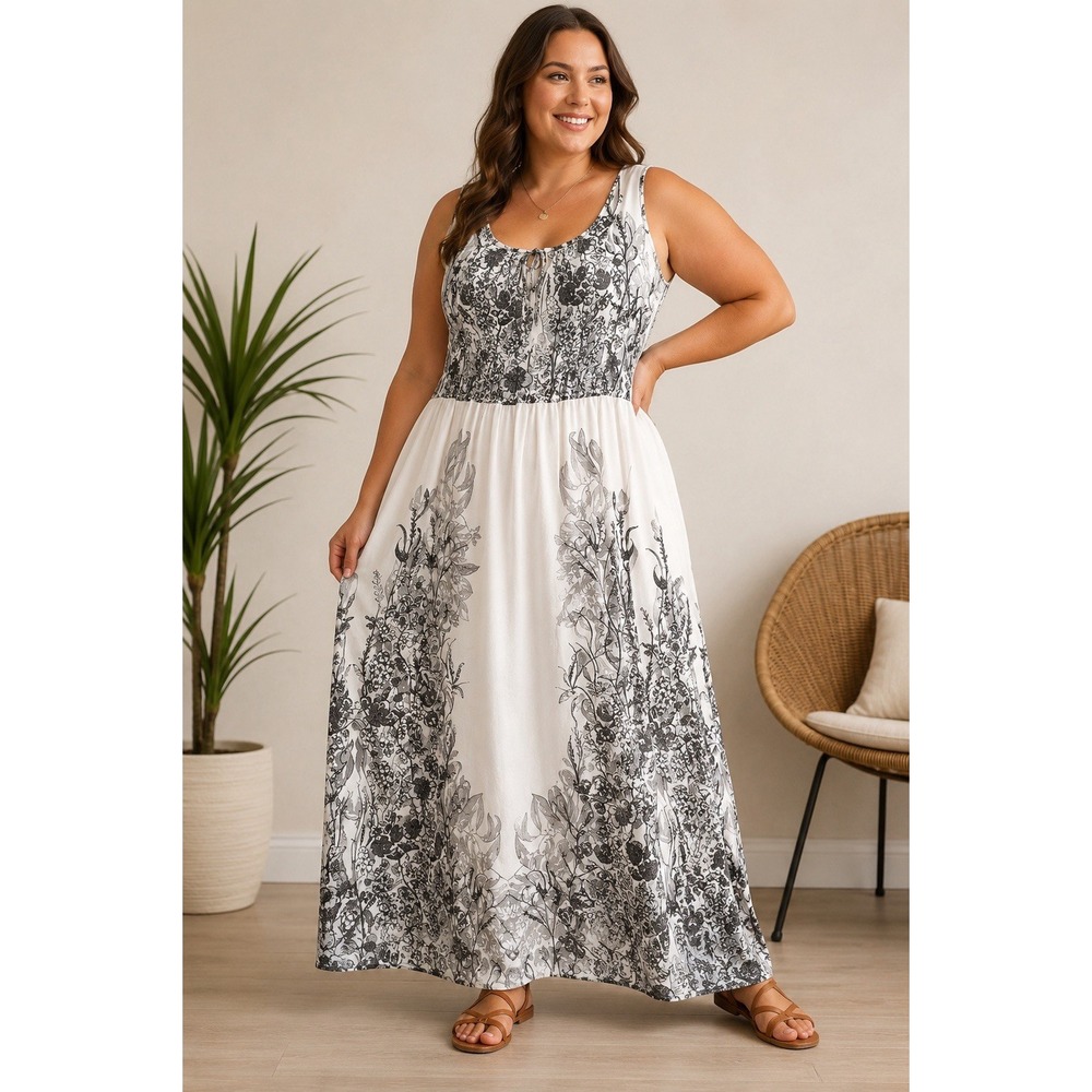 Dorothy Perkins Women's Size 18 Maxi Dress Black White Floral Sleeveless Boho